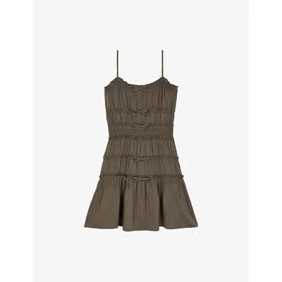 The Kooples Womens Kaki Stone Bow-embellished Shirred-waist Woven Mini Dress Xs