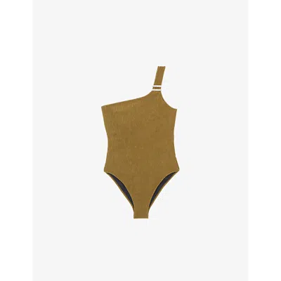 The Kooples Womens  X Luz Romy Asymmetrical Textured Swimsuit In Kaki