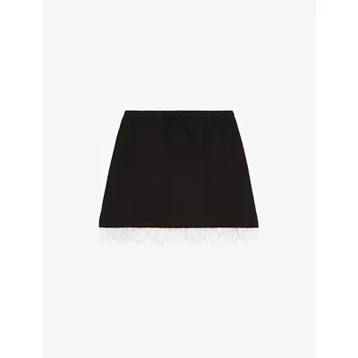 The Kooples Womens Black Lace-hem Drawstring-waist Cotton Mini Skirt