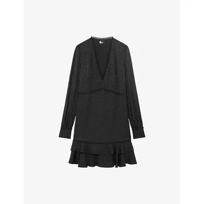The Kooples Womens Black Leopard-jacquard Ruffled Woven Mini Dress Xs