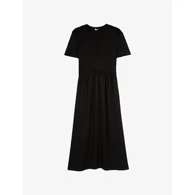 The Kooples Womens Black Leopard-jacquard V-neck Woven Midi Dress Xs