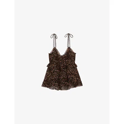 The Kooples Womens Leopard-print Ruffled-trim Woven Top In Brown