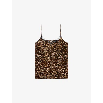 The Kooples Womens Leopard-print Sleeveless Silk Top