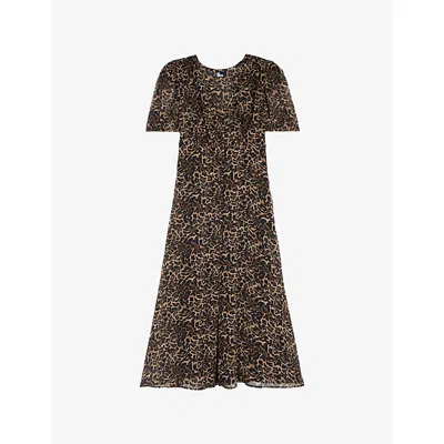 The Kooples Womens Leopard-print V-neck Woven Midi Dress In Animal Print