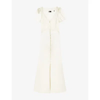 The Kooples Womens Light Beige Lace-embroidered Puff-sleeve Silk Maxi Dress In Neutral