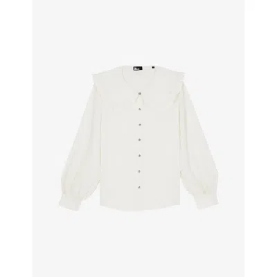 The Kooples Womens Light Beige Oversized-collar Long-sleeved Silk Shirt Xl In White