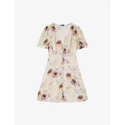 The Kooples Womens Light Old Pink / Ecru Floral-print Short-sleeved Woven Mini Dress In Multi