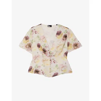 The Kooples Womens Light Old Pink / Ecru V-neck Floral-print Woven Top In Multi