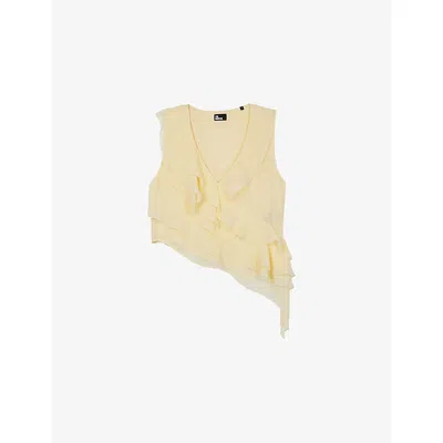 The Kooples Womens Light Yellow Sleeveless Ruffle-trim Woven Top