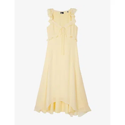The Kooples Womens Light Yellow V-neck Ruffled Woven Midi Dress In Multi
