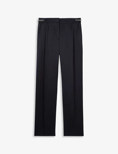 The Kooples Womens Navy Chain-embellished Pleated-front Straight-let Mid-rise Woven Trousers