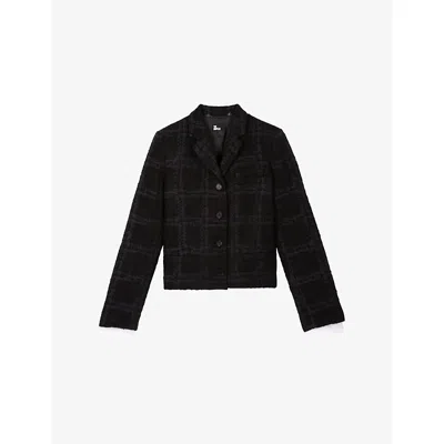 The Kooples Womens Navy Checked Regular-fit Wool-blend Jacket In Black
