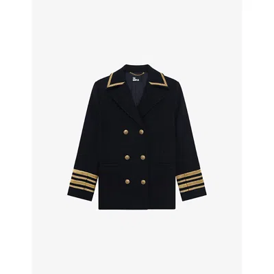 The Kooples Womens Navy Contrast-trim Double-breasted Wool-blend Coat In Blue