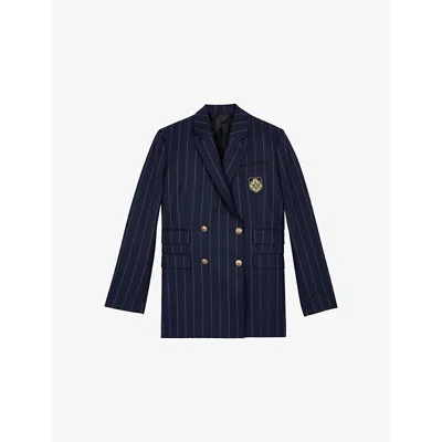 The Kooples Womens Navy Crest-embroidered Double-breasted Striped Wool-blend Blazer