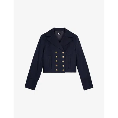 The Kooples Womens Navy Double-breasted Button-embellished Cropped Cotton Jacket Xs