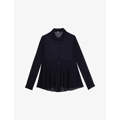 The Kooples Womens  Pleated Semi-sheer Woven Shirt In Navy