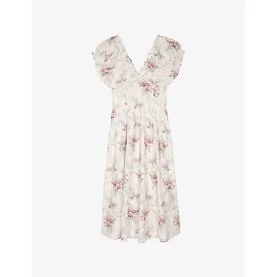 The Kooples Womens  Floral-print V-neck Stretch-woven Midi Dress In Off White / Pink