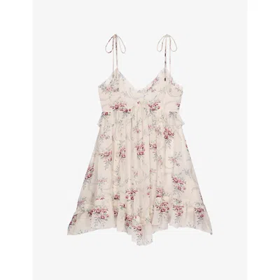 The Kooples Womens  Floral-print V-neck Woven Mini Dress In Off White / Pink