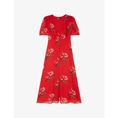 The Kooples Womens Red / Green V-neck Floral-print Woven Maxi Dress