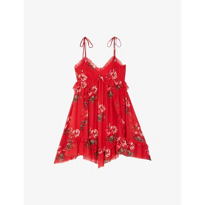 The Kooples Womens Red / Green V-neck Floral-print Woven Mini Dress