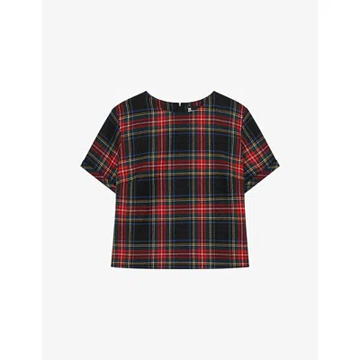 The Kooples Womens Rouge Noir Round-neck Short-sleeve Tartan Wool Top Xs In Multi