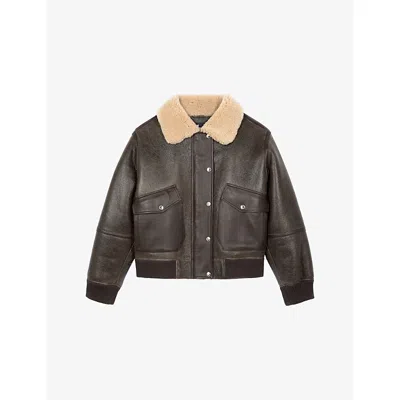 The Kooples Womens  Short Contrast-collar Leather Jacket In Brown