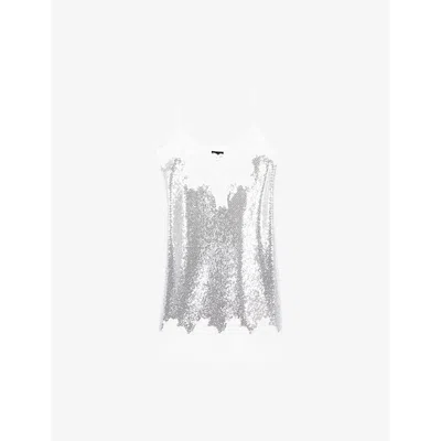 The Kooples Womens  Lace-trim Sequin-embellished Babydoll Mini Dre In Silver