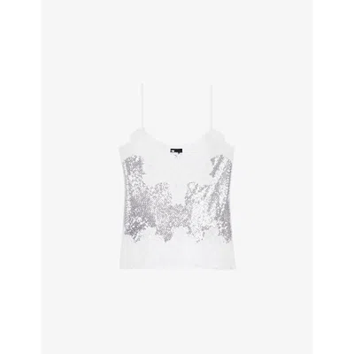 The Kooples Womens  Sequin Lace-trim Sleeveless Woven Top In Silver