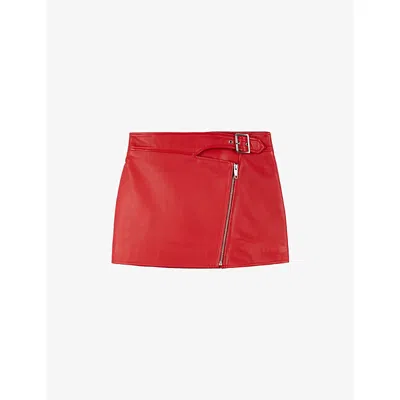The Kooples Womens Tango Red Buckle-embellished Zipped Leather Mini Skirt