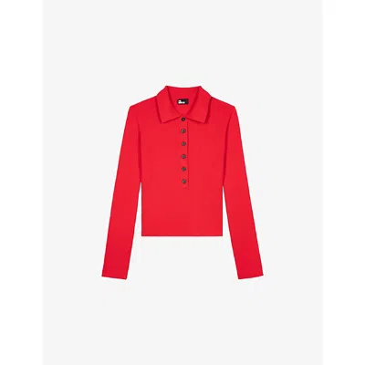 The Kooples Womens  Ribbed Button-neck Knitted Jumper In Red