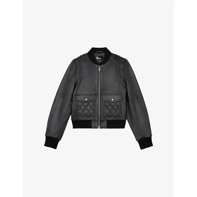 The Kooples Womens Black Washed Baseball-collar Patch-pocket Leather Jacket