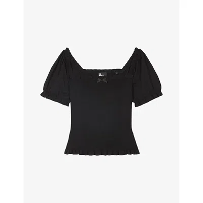 The Kooples Womens Black Bow Off-shoulder Stretch-woven Top