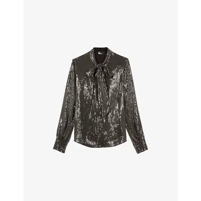 The Kooples Womens Bow-tie Relaxed-fit Sequin Shirt Grey
