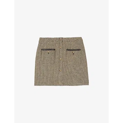 The Kooples Womens  Button-down Straight-cut Mid-rise Cotton-blend Mini Skirt In Black / Gold