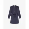The Kooples Womens Navy Button-neck Tie-waist Linen-blend Mini Dress