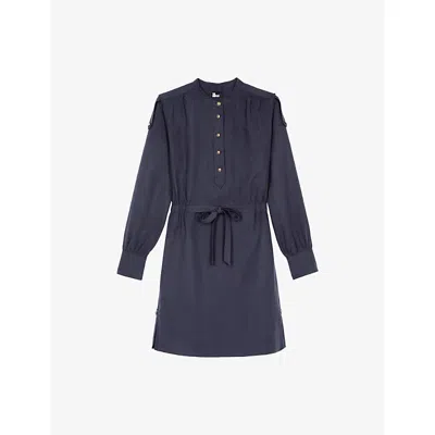 The Kooples Womens Navy Button-neck Tie-waist Linen-blend Mini Dress