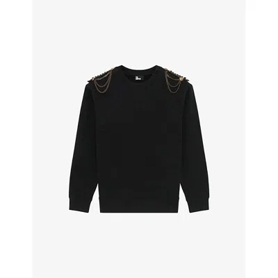 The Kooples Womens Black Washed Chain-embellished Relaxed-fit Cotton Sweatshirt