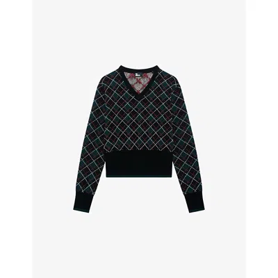 The Kooples Womens Black Dark Green Checked V-neck Stretch-knit Jumper