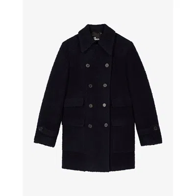 The Kooples Womens Navy Collared Button-down Wool-blend Coat In Multi