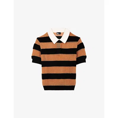 The Kooples Womens Camel / Black Collared Stripe-print Cotton Jumper In Brown