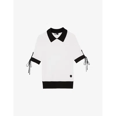 The Kooples Womens Contrast-collar Bow-trim Wool Jumper Black-ecru