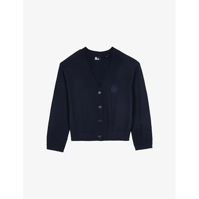 The Kooples Womens Dark Navy-ecru Crest-embroidery Contrast-trim Cotton-cashmere Knitted Cardigan