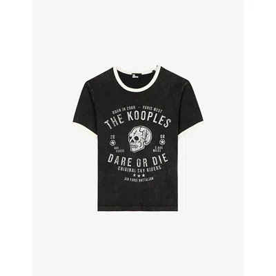The Kooples Womens Black Washed Dare Or Die Brand-print Cotton-jersey T-shirt