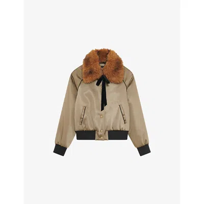 The Kooples Womens Faux Fur-collar Tie-detail Satin Jacket Kaki In Brown