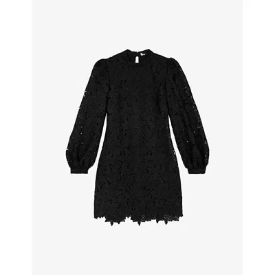 The Kooples Womens Black Floral-pattern Puff-sleeve Guipure-lace Mini Dress