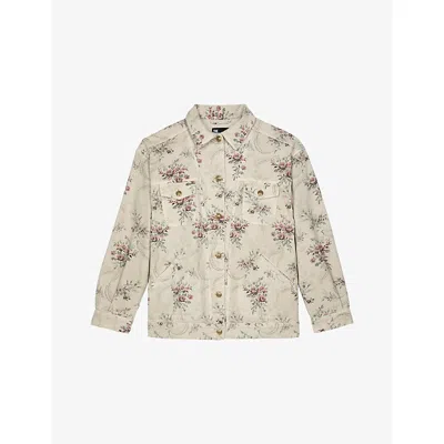 The Kooples Womens Beige Taupe Floral-print Patch-pocket Denim Jacket In Brown