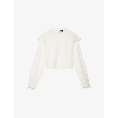 The Kooples Womens Frill-trim Long-sleeve Lace Top Ecru
