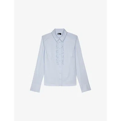 The Kooples Womens Frilled Long-sleeved Cotton-blend Shirt Light Blue