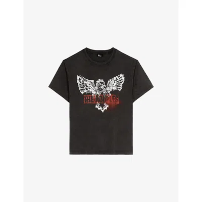 The Kooples Womens Black Washed Graphic-print Short-sleeve Cotton T-shirt