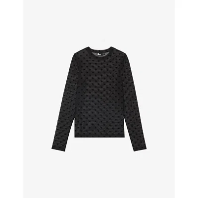The Kooples Womens  Heart-pattern Long-sleeved Mesh Top In Black